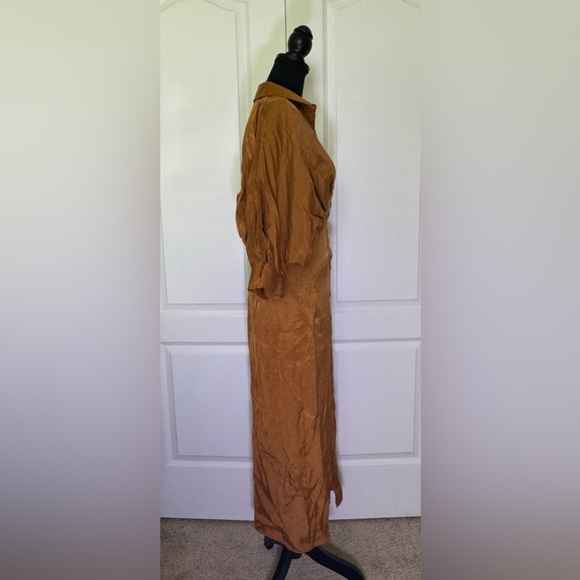 Zara NWT Women's Satin Pleated Midi Shirt Dress in Toffee (Gold) Size X-Small - Picture 9 of 12